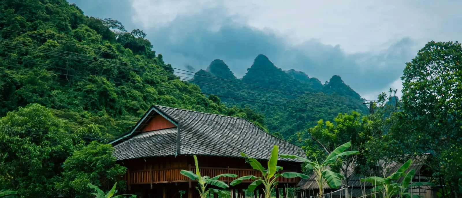 Gian nhà sàn gỗ rộng, cửa mở ra sân cỏ và dãy núi